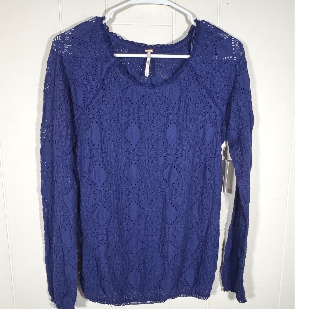 Free People Sunny Tucker Royal Blue Lace Long Sleeve Eyelet Top Womens Large NWT